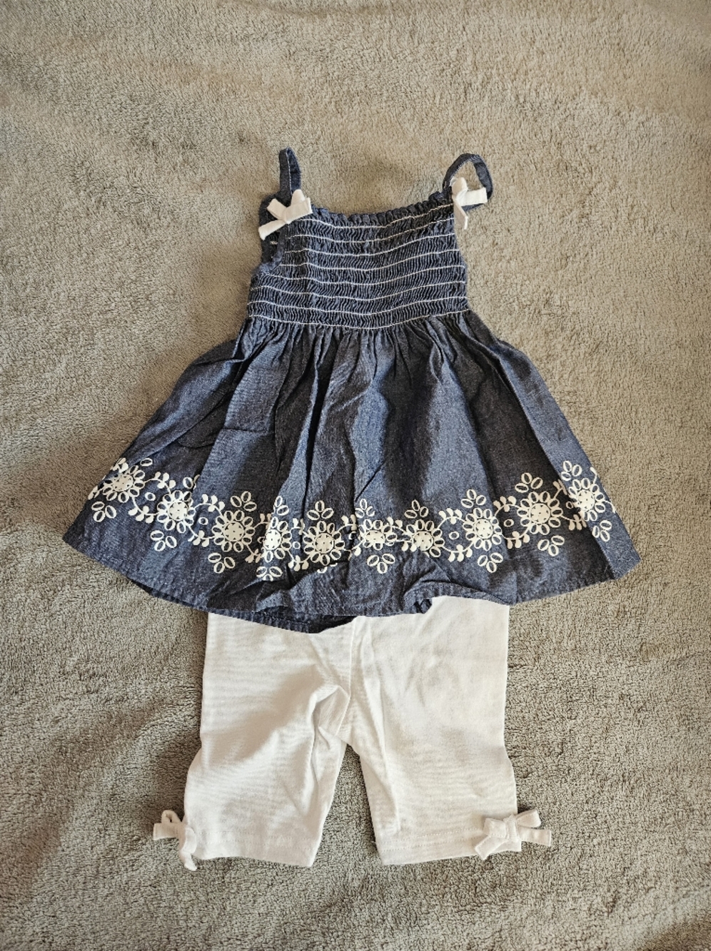 healthtex Blue Chambray Floral Embroidered Tank Top and White Leggings Set